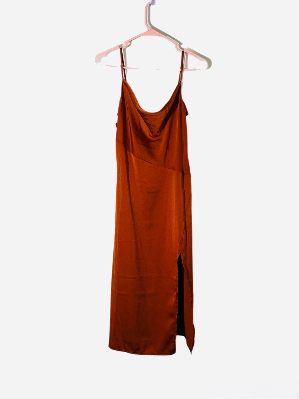 Satin Cowl Neck Slip Dress — Rust Orange - Picture 2 of 4